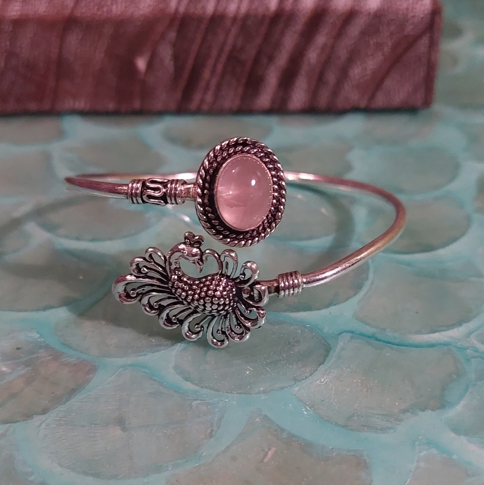 Rose Quartz Peacock Adjustable Bangle Bracelet